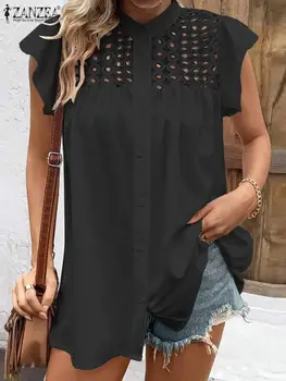 ZANZEA אופנה קיץ 2023 חולצות מזדמנים סרוגה חלול חולצות נשים שרוול קצר החג חופשי Blusas לעמוד צווארון צמרות טוניקה